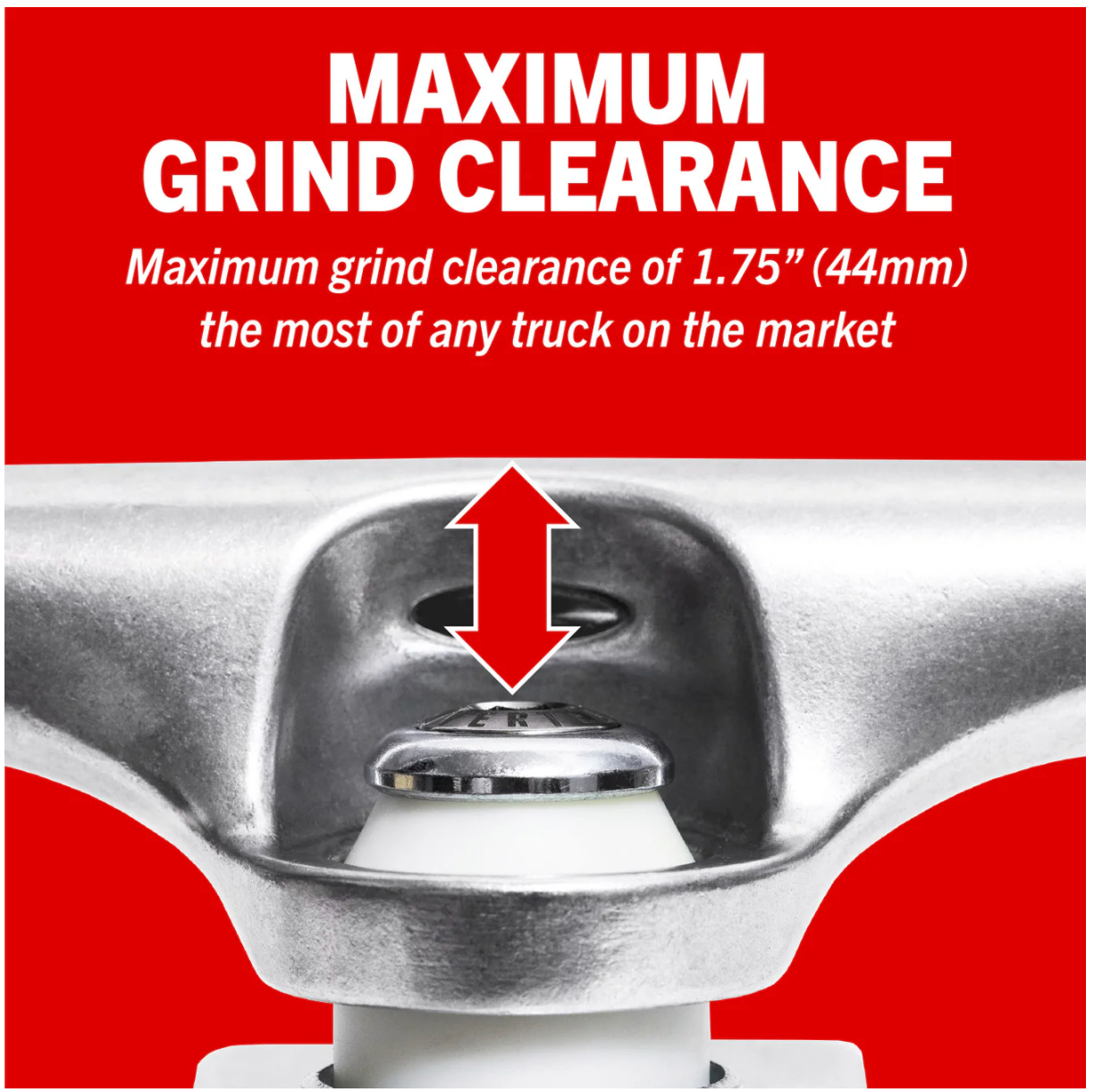 Close-up of a metal component with text about maximum grind clearance on a red background