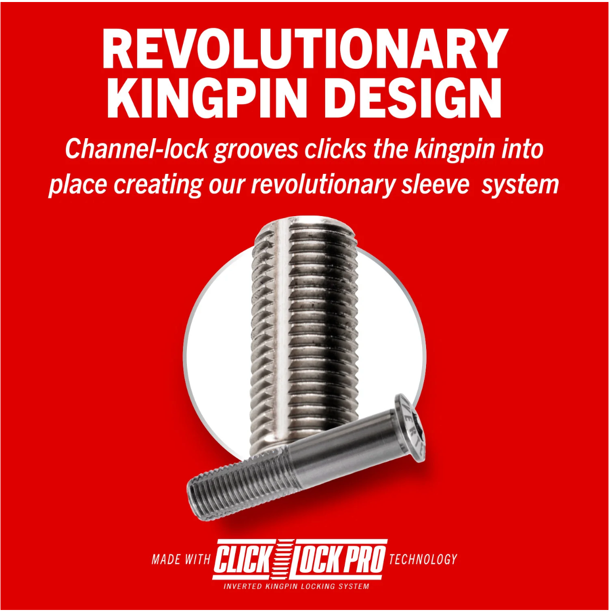 Metal kingpin with text about revolutionary design on a red background