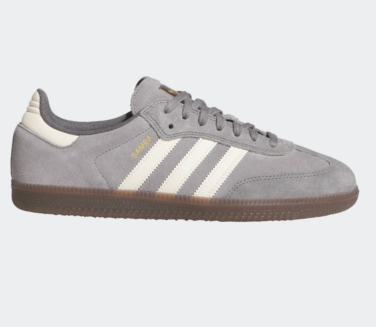 Gray Adidas sneaker with white stripes on a light gray background