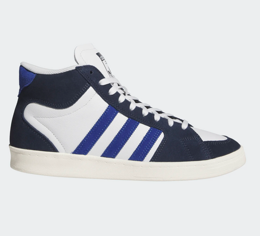 Navy and white sneaker with three stripes on a light gray background
