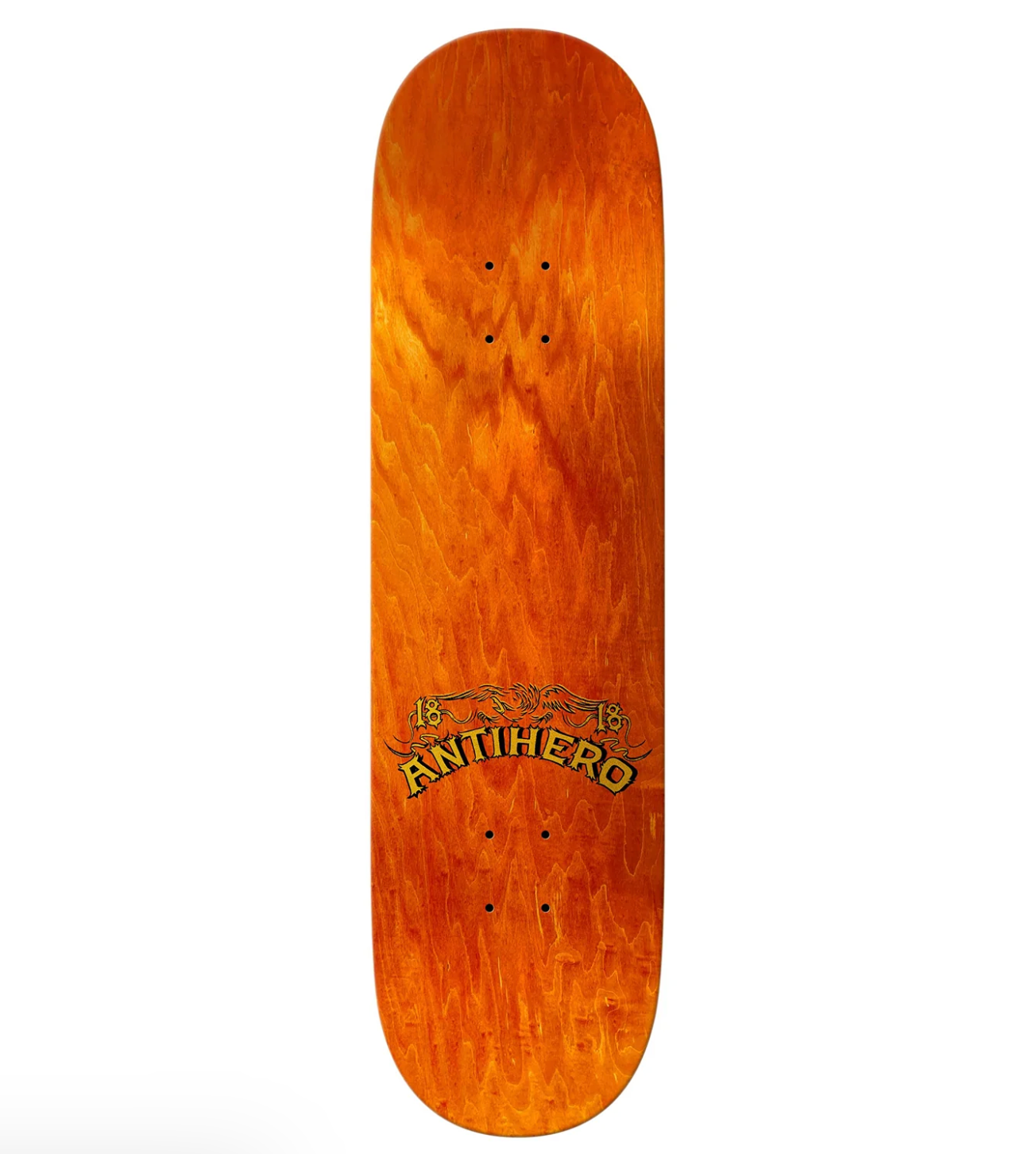 Wooden skateboard deck with 'Antihero' logo on a white background