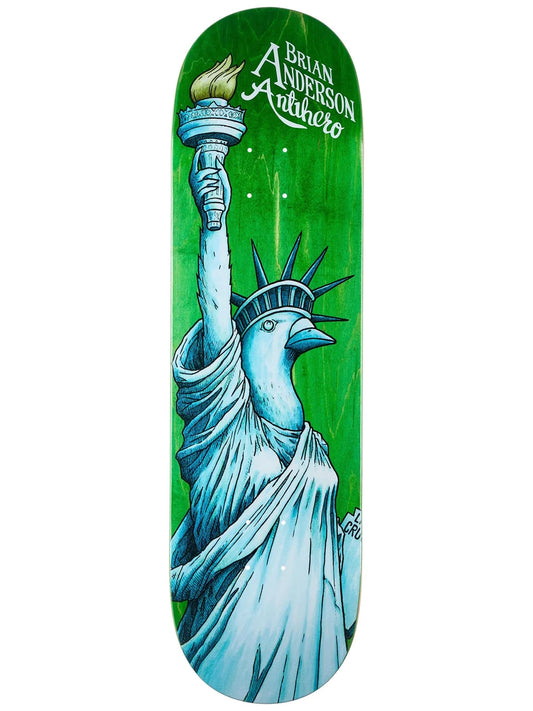 Skateboard deck with a design of the Statue of Liberty on a green background