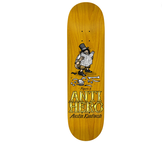 Wooden skateboard deck with a graphic design and 'Anti Hero' branding on a white background