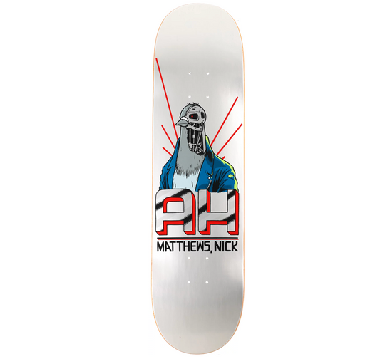 Skateboard deck with a graphic design of a bird wearing a jacket and sunglasses on a white background.