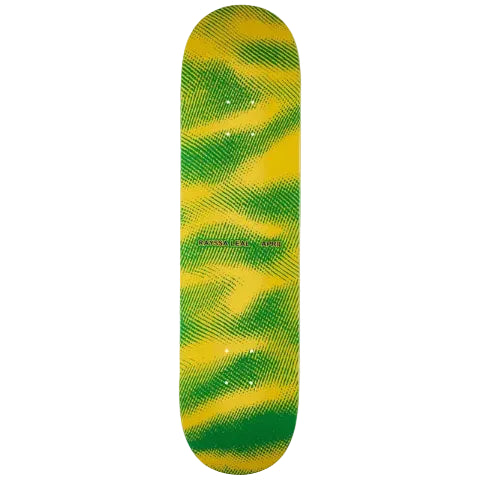 Skateboard deck with green and yellow striped pattern on a white background