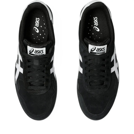 A pair of black and white Asics sneakers shown from a top-down view on a plain white background.