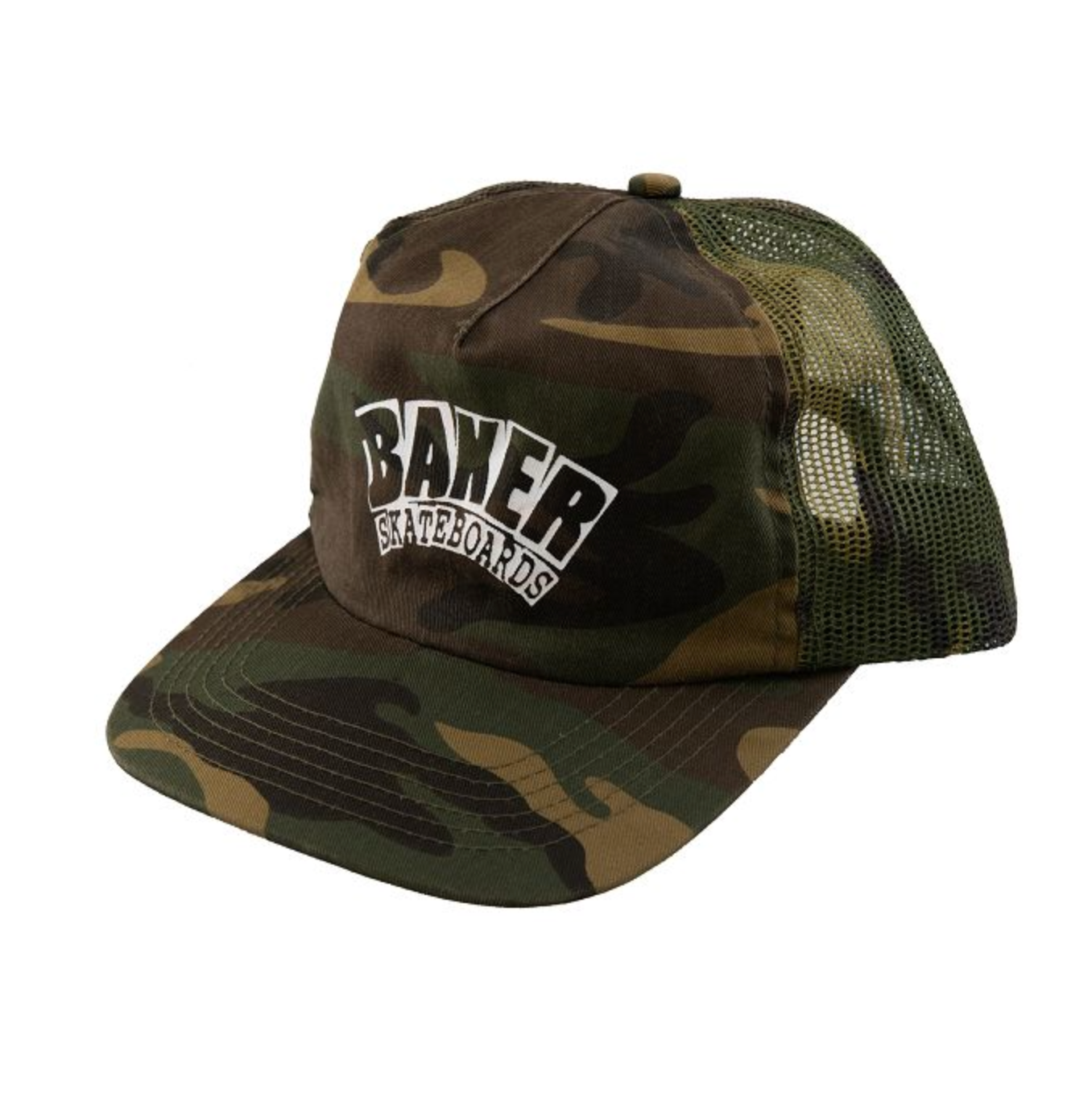 Camouflage baseball cap with mesh back and Baker Skateboards logo on a white background