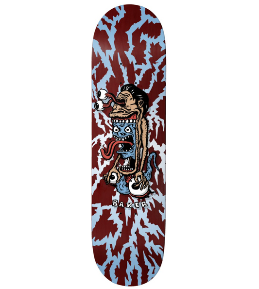 Skateboard deck with a colorful design on a white background
