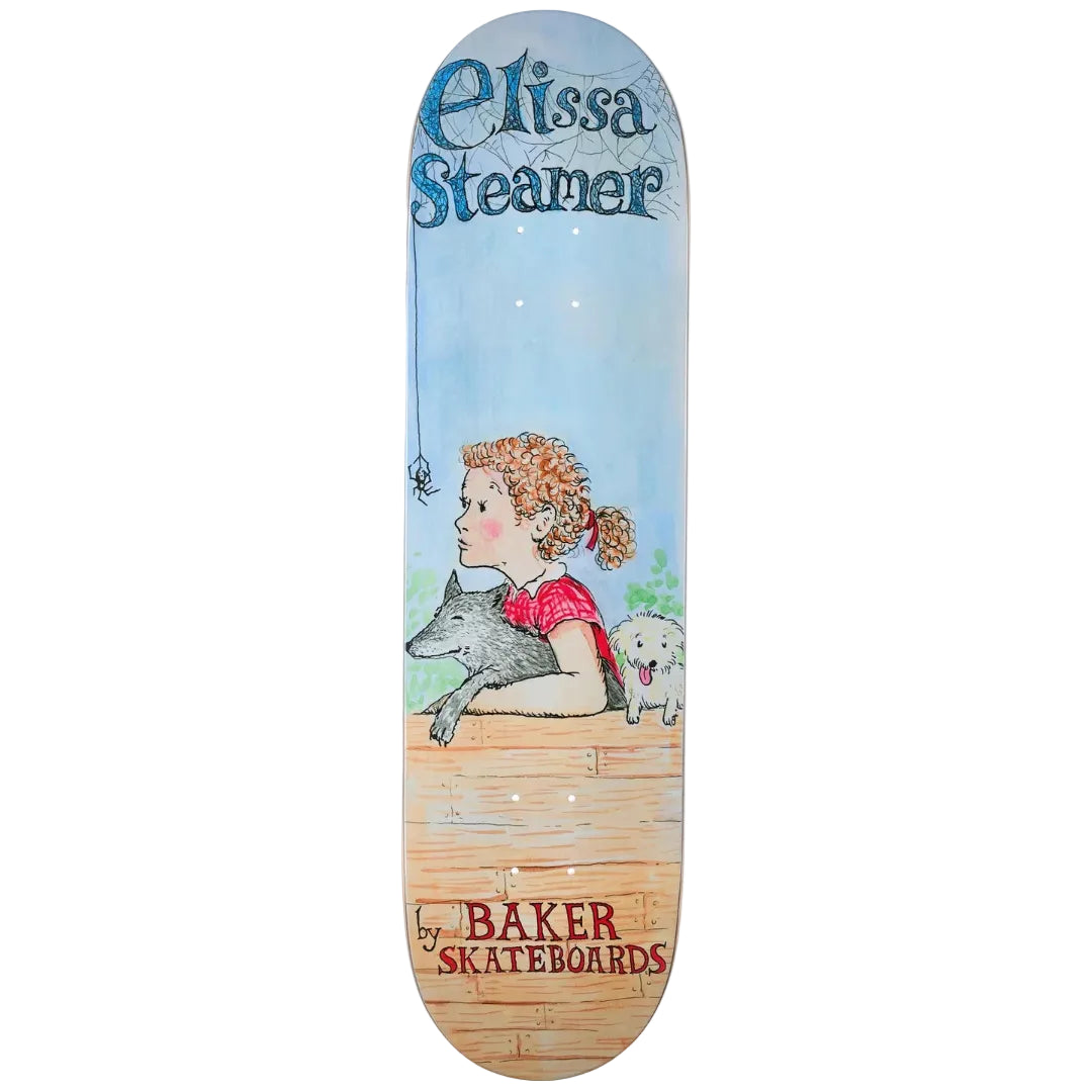 Skateboard deck with illustration of a girl and dog, featuring 'Elissa Steamer' and 'Baker Skateboards'.