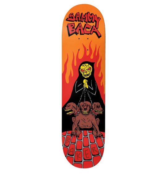Skateboard deck with graphic design and 'Sammy Baca' branding on an orange background