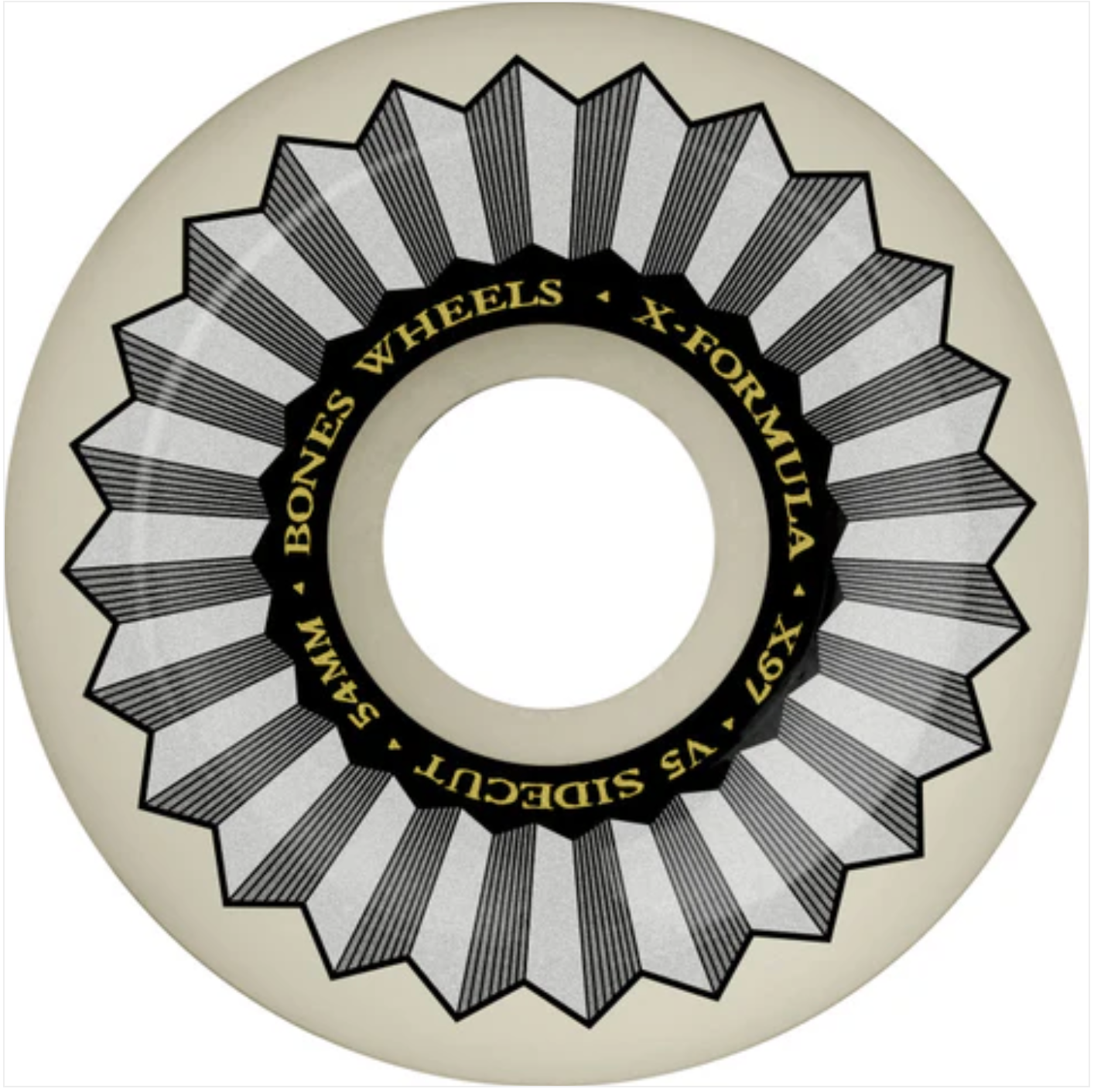 Skateboard wheel with 'Bones Wheels' branding on a beige background