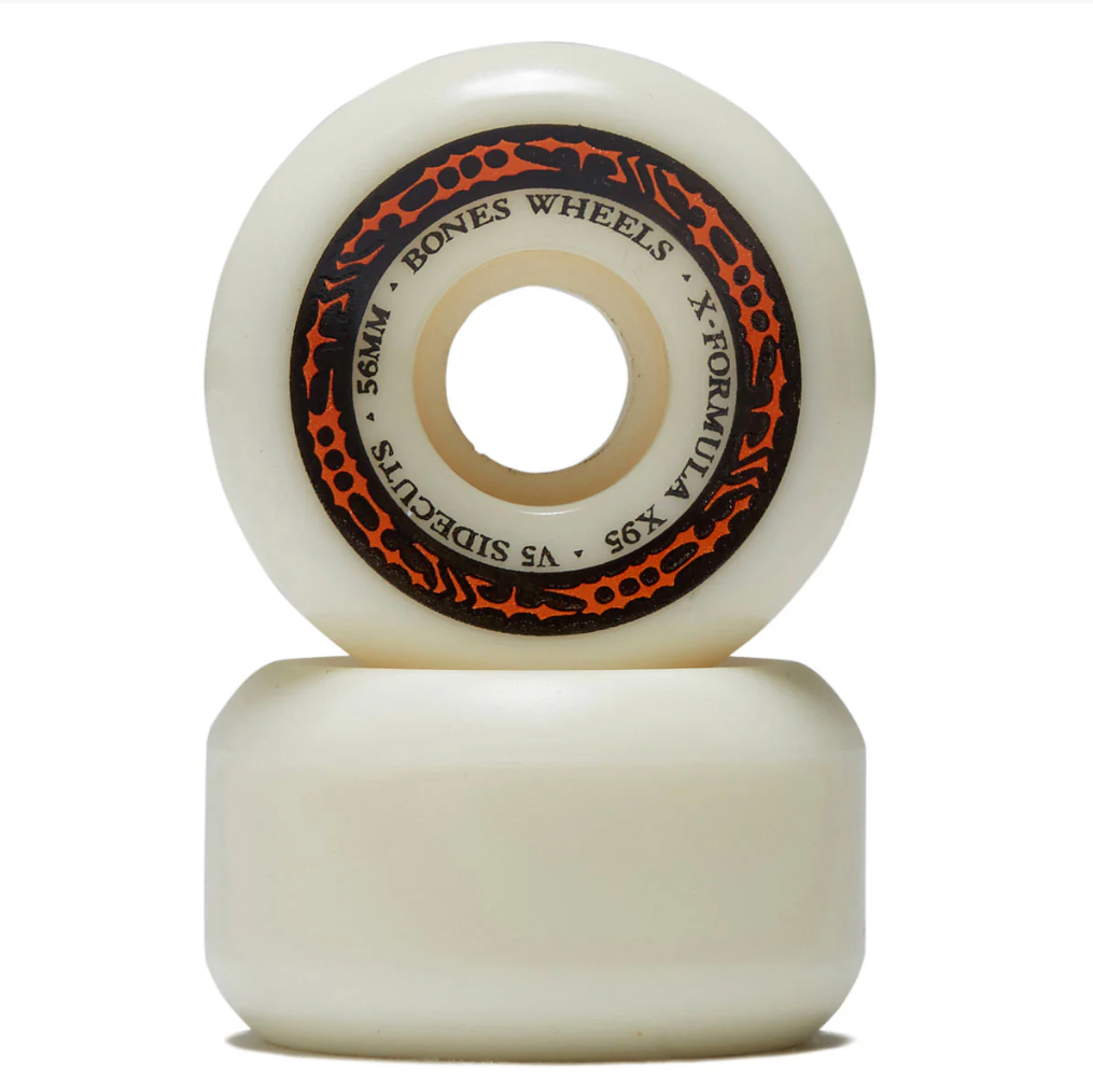 Two white skateboard wheels with a black and orange logo on a white background