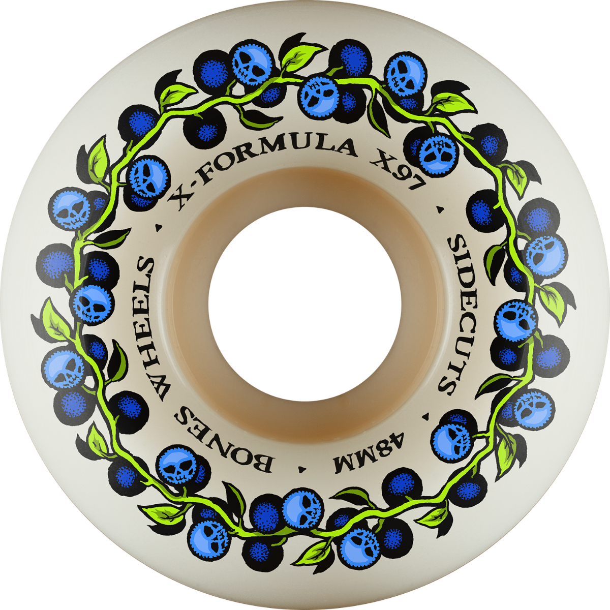 Skateboard wheel with blue skull design and 'Bones Wheels' branding on a white background