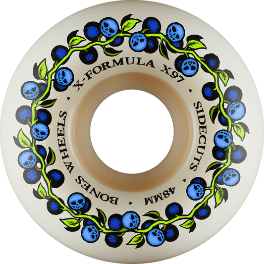 Skateboard wheel with blue skull design and 'Bones Wheels' branding on a white background