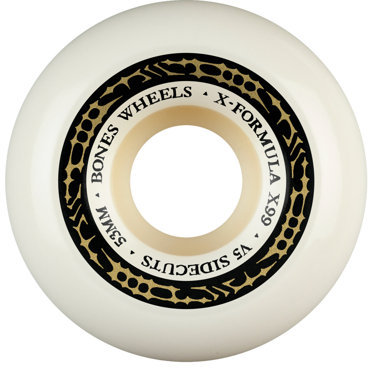 White skateboard wheel with black and gold 'Bones Wheels' branding on a white background