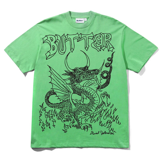 Green t-shirt with black dragon design and 'Butter' branding on a white background