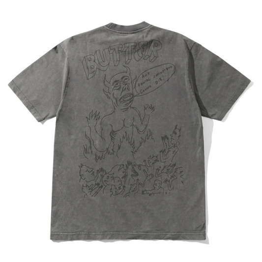 Gray t-shirt with graphic design and text on a white background