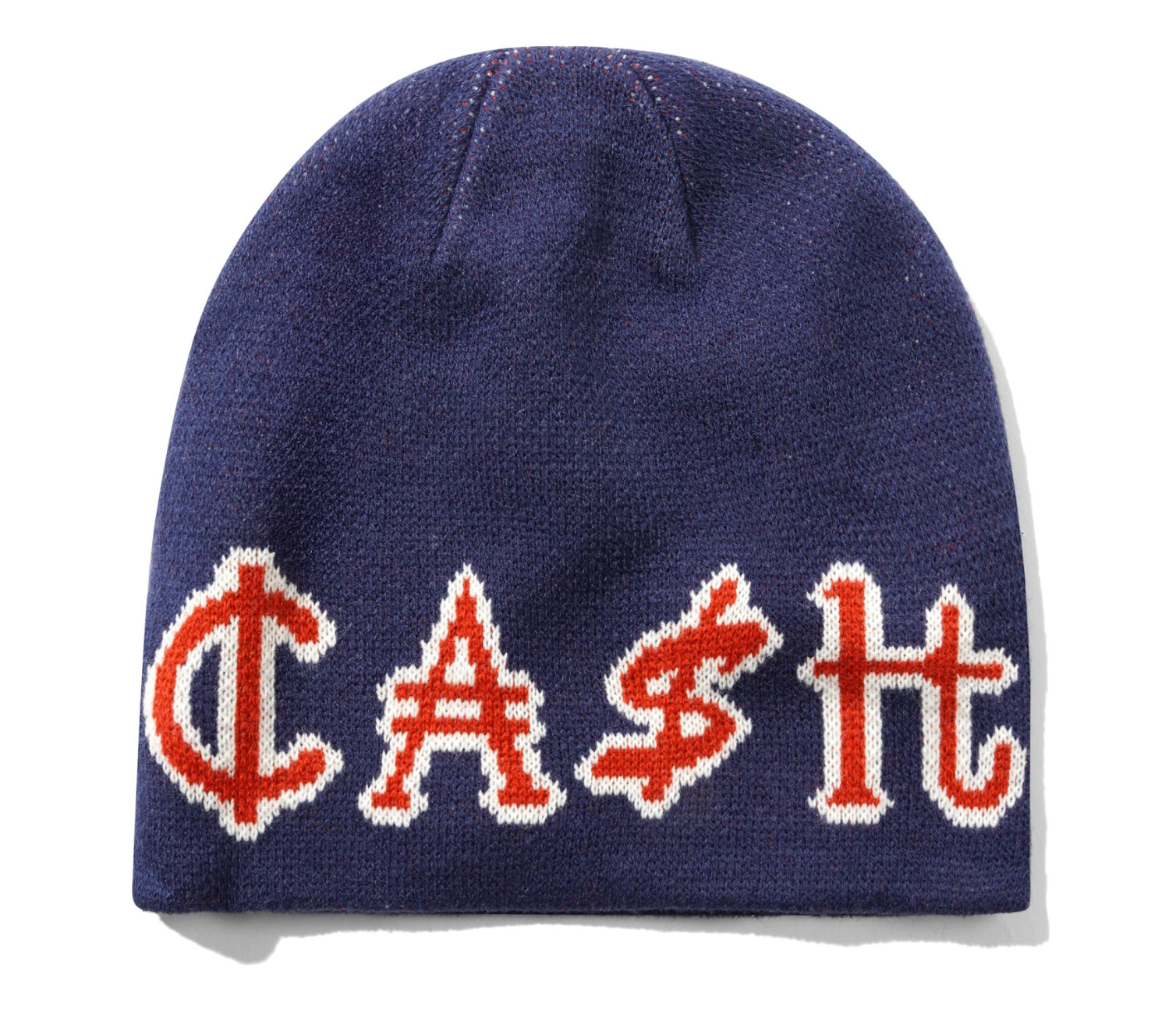 Navy blue beanie with red and white text on a white background