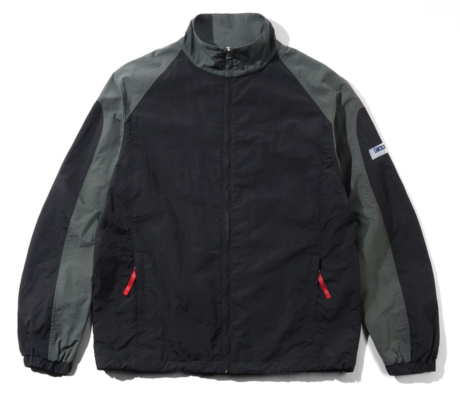 Black and gray jacket with a brand logo on a white background