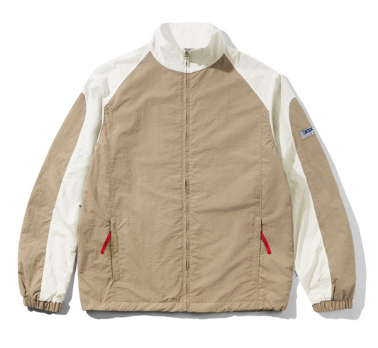 Beige and white jacket with red accents on a white background