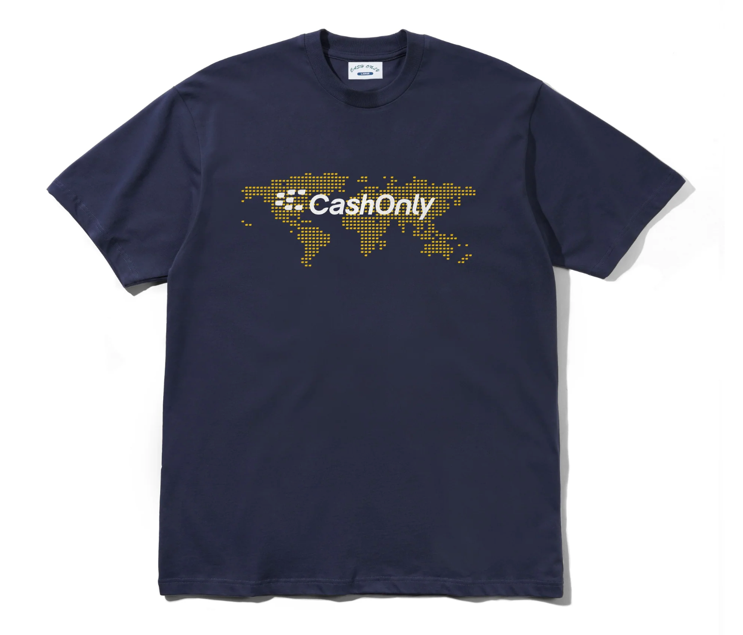 Navy blue t-shirt with 'CashOnly' logo on a white background