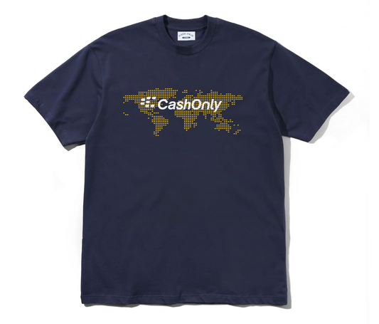 Navy blue t-shirt with 'CashOnly' logo on a white background