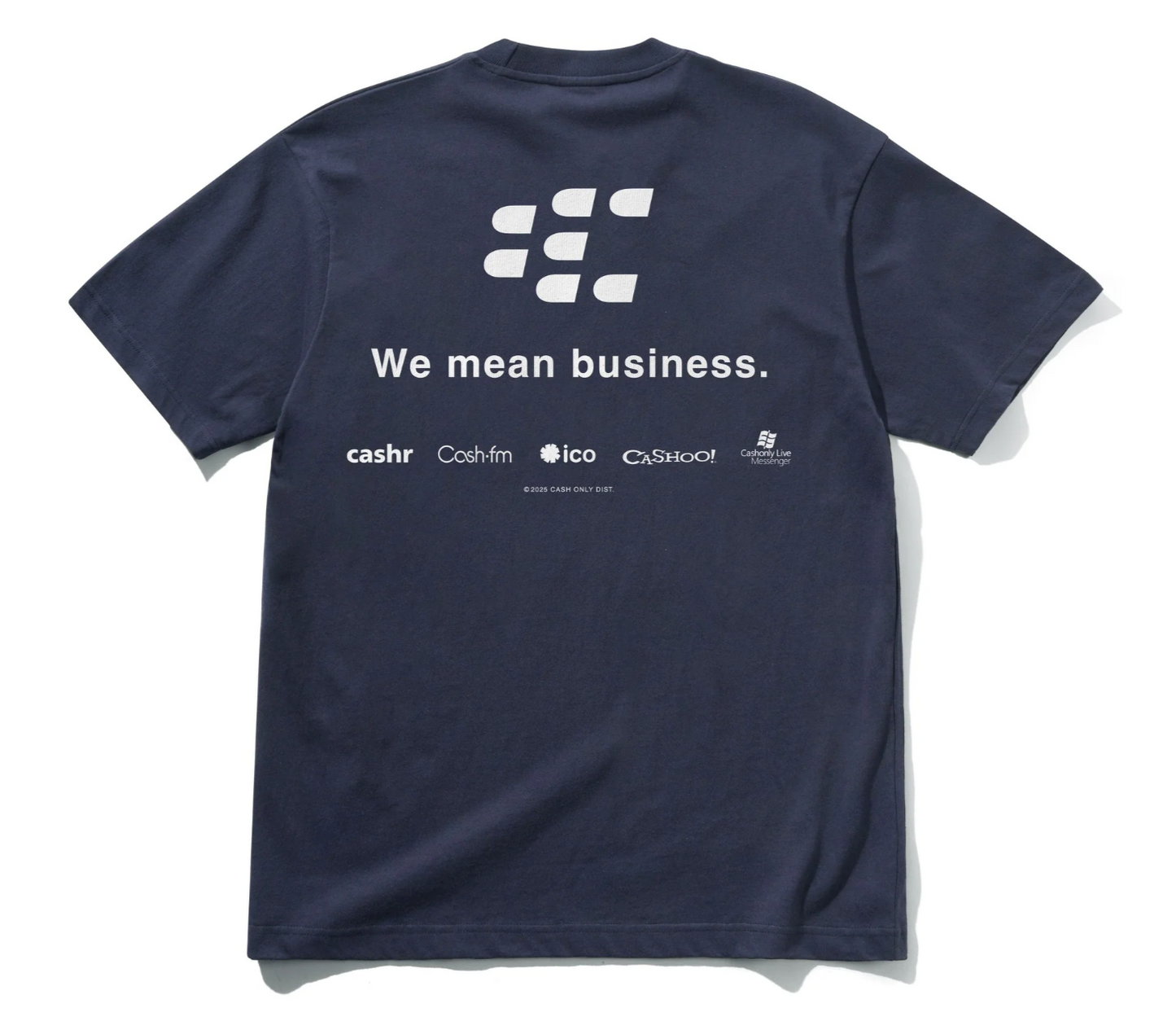 Navy blue t-shirt with white text and logos on the back