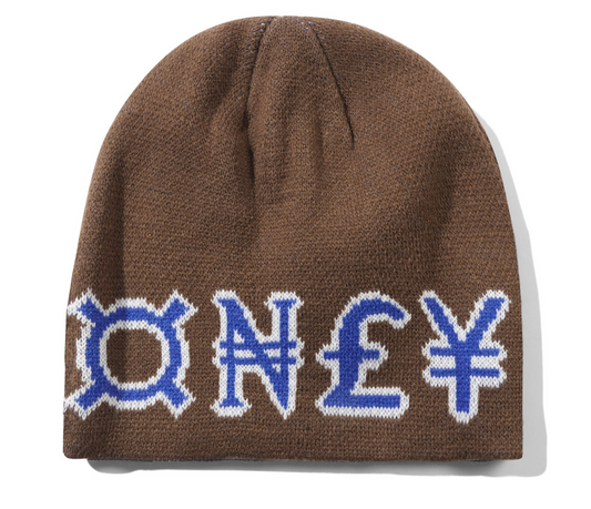 Brown beanie with blue and white currency symbol text on a white background