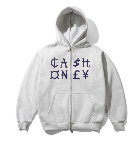 White hoodie with text 'Cash Only' in purple on a white background