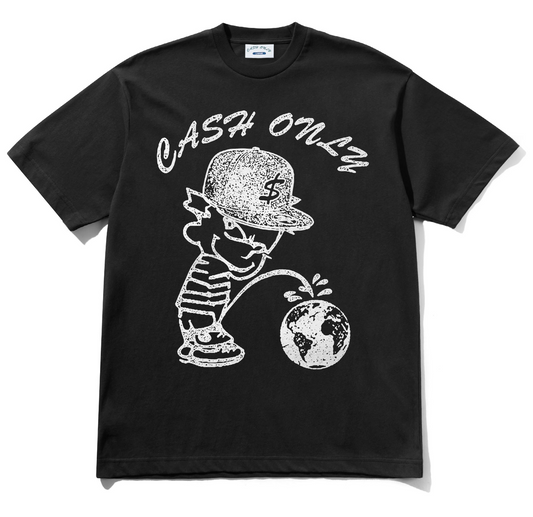 Black t-shirt with white graphic design and text 'CASH ONLY' on a white background