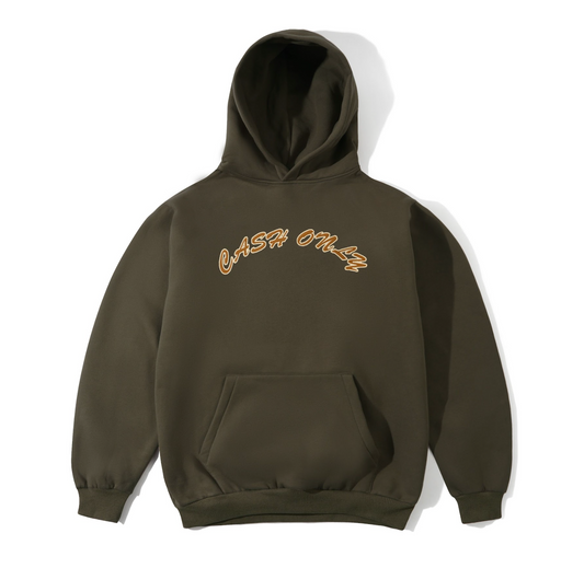 Brown hoodie with 'Cash On' text on a white background