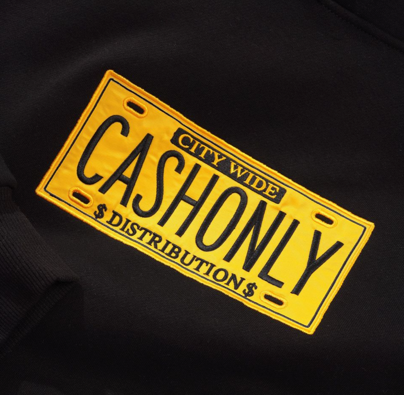 Cash Only License Plate Pullover Hood closeup