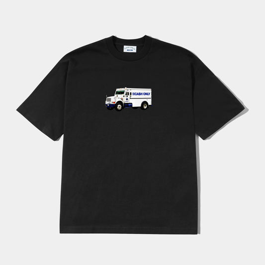 Black t-shirt with a truck graphic on a white background