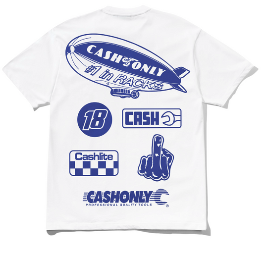 White t-shirt with blue graphics and text on a white background