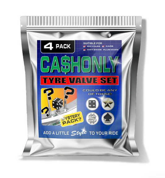 Packaged 'Cashonly' tyre valve set with colorful label on a white background