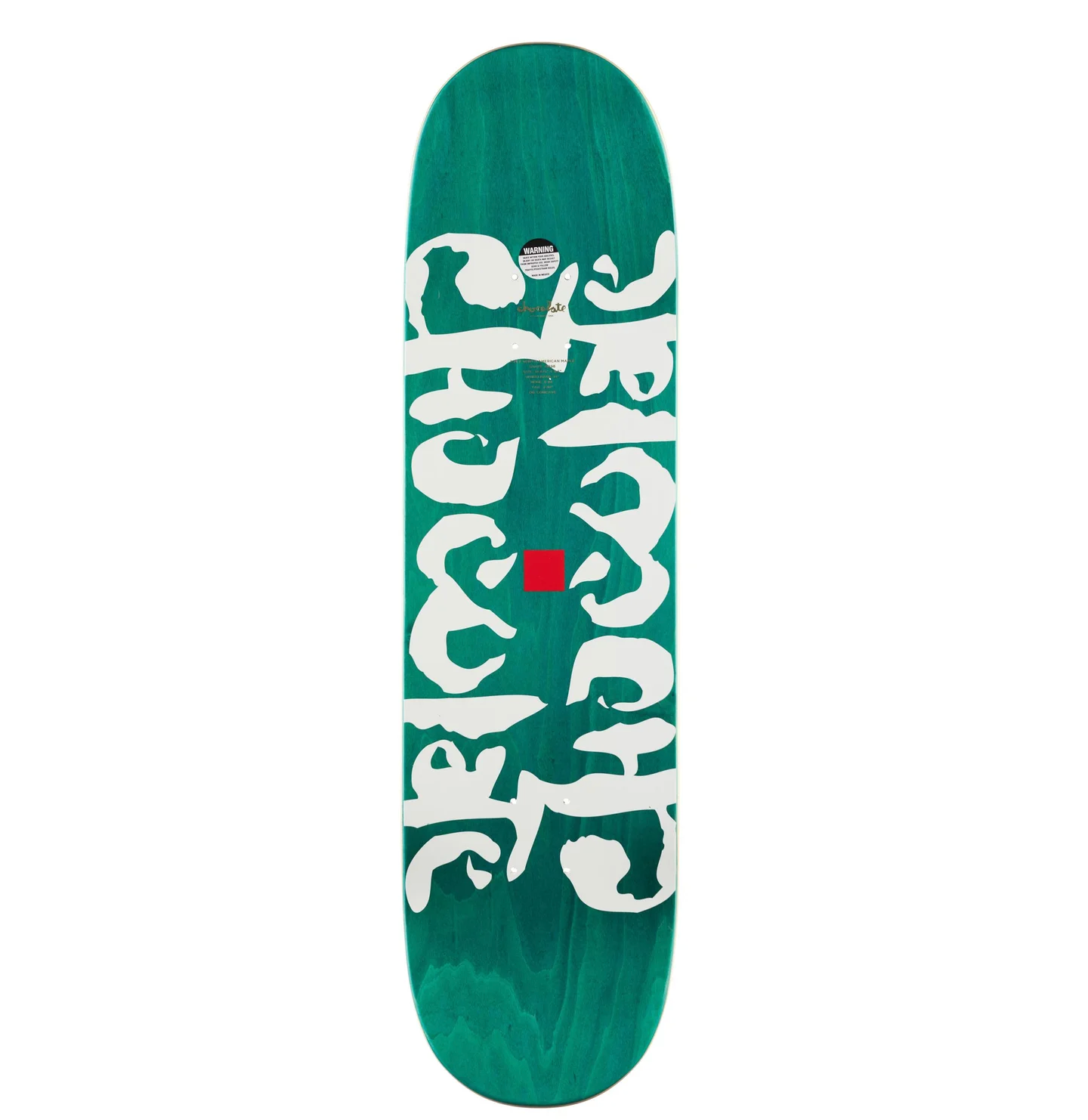 Green skateboard with white Chocolate pattern on white background