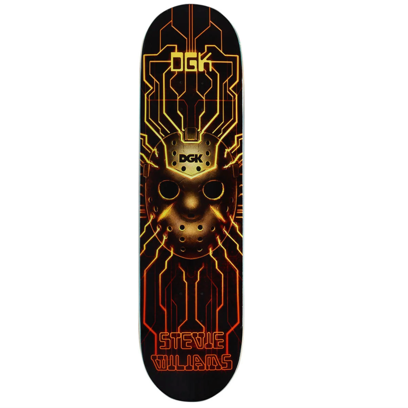 A skateboard deck featuring a graphic design of a hockey mask integrated with glowing orange and yellow circuit board lines on a black background. The brand 'DGK' is visible near the top, and 'STEVE WILLIAMS' is printed at the bottom.