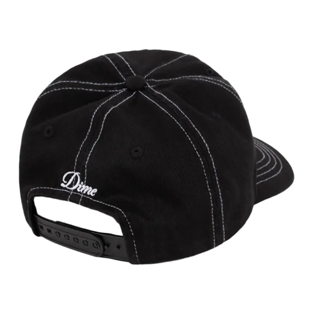 Black cap with white stitching on a light gray background