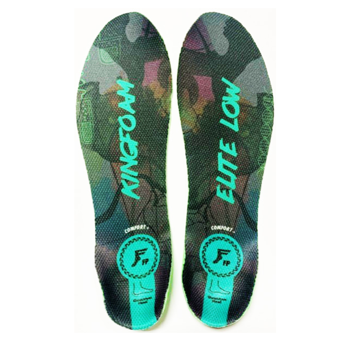 Pair of Kingfoot Elite Low insoles with camouflage pattern on a white background