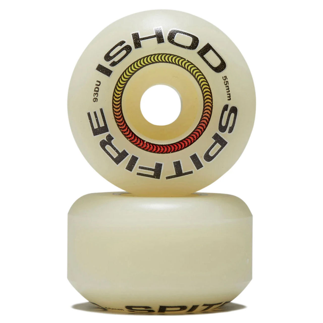 A pair of Spitfire Ished wheels stacked vertically on a white background, featuring a translucent cream-colored urethane body with black and red branding.