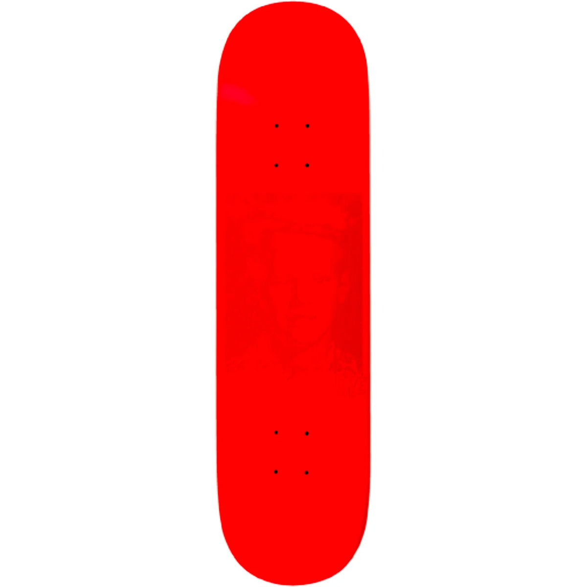 A bright red skateboard deck shown vertically against a plain white background.