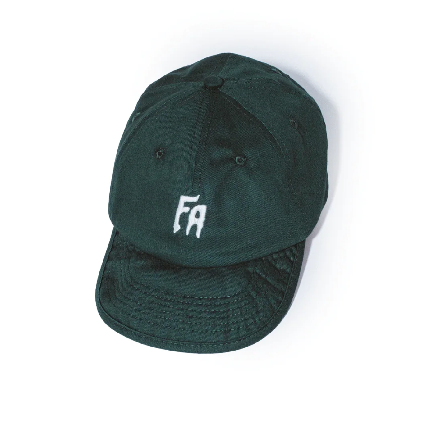 A dark forest green cotton twill baseball cap with a white embroidered 'FA' logo on the front, displayed on a clean white background.