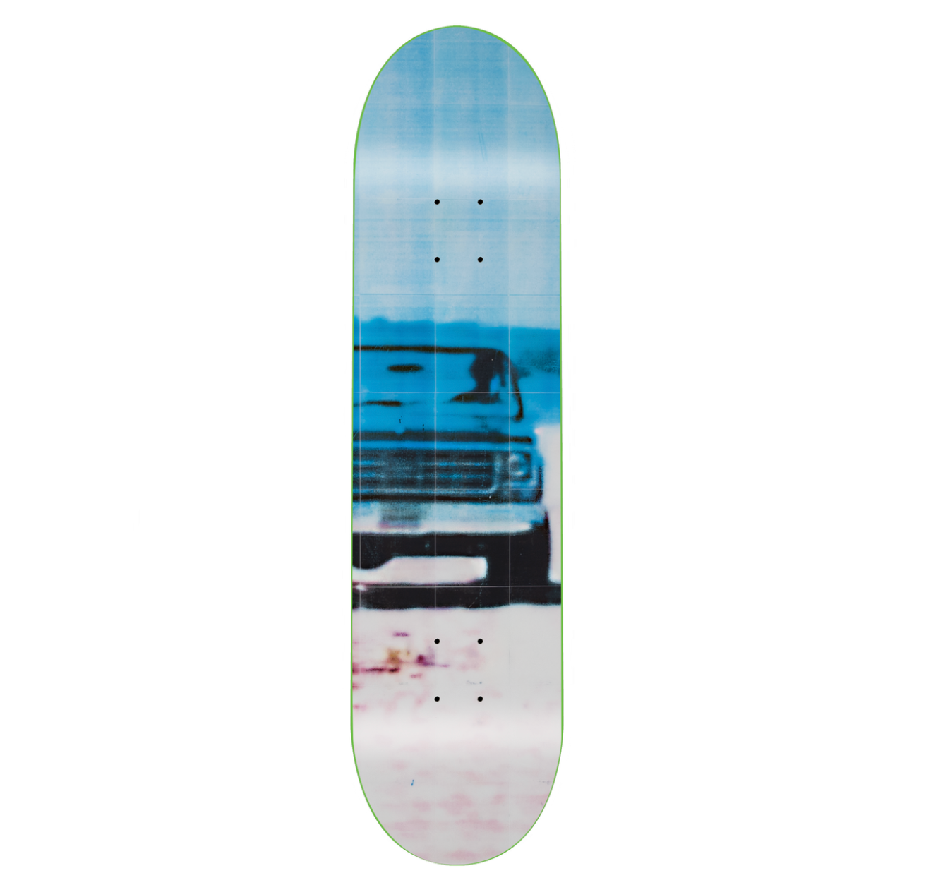 Skateboard deck with a truck graphic on a white background