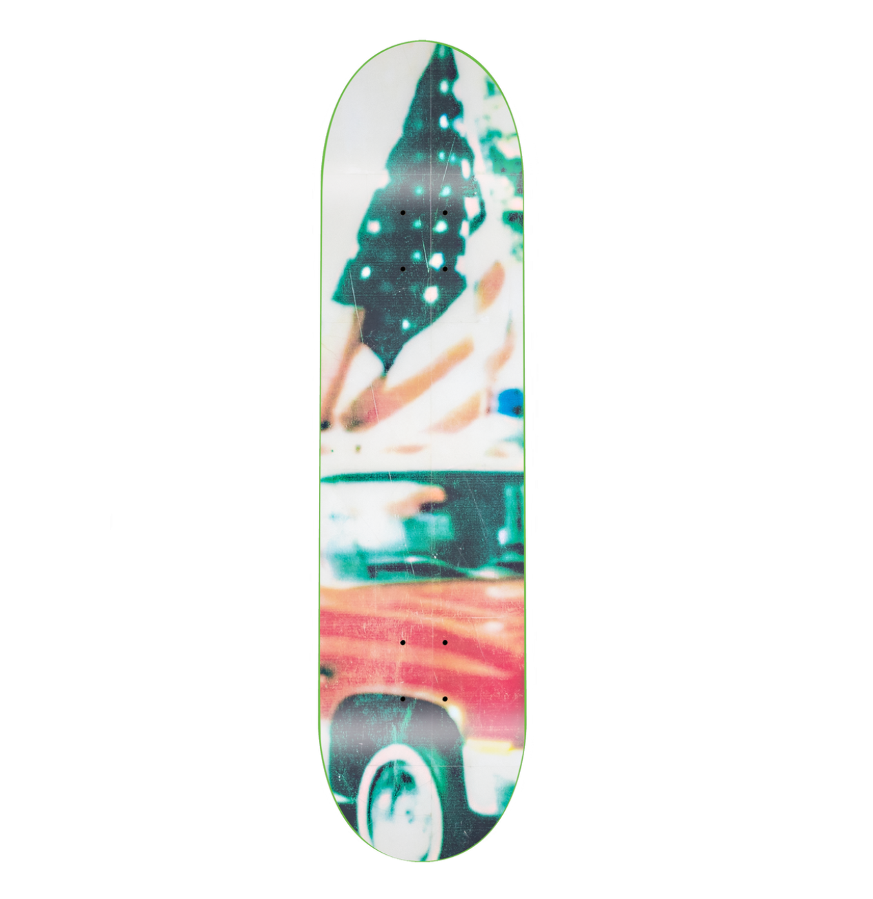 Skateboard deck with a colorful design of a person on a surfboard
