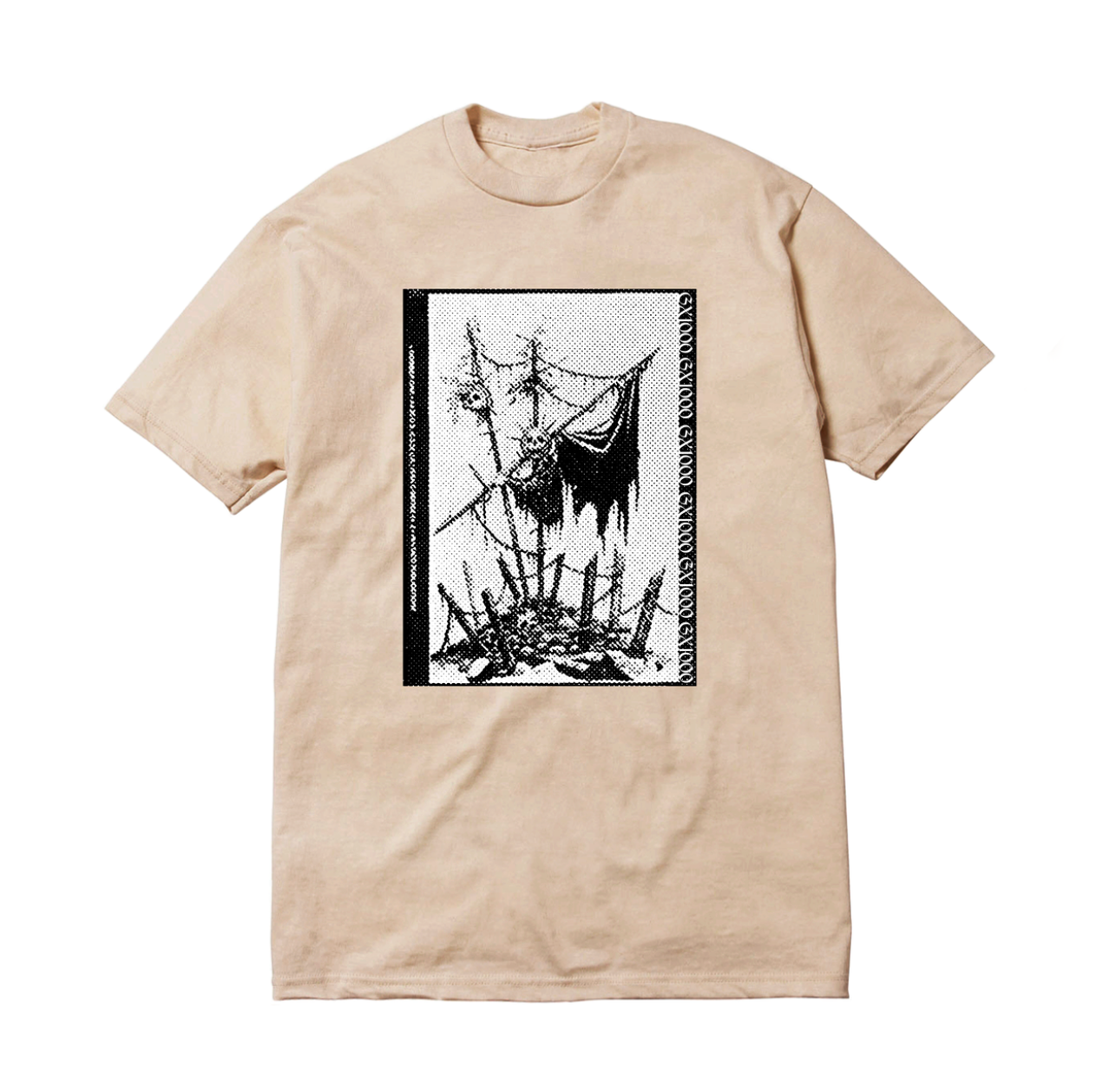 Beige t-shirt with a black and white graphic design on a white background