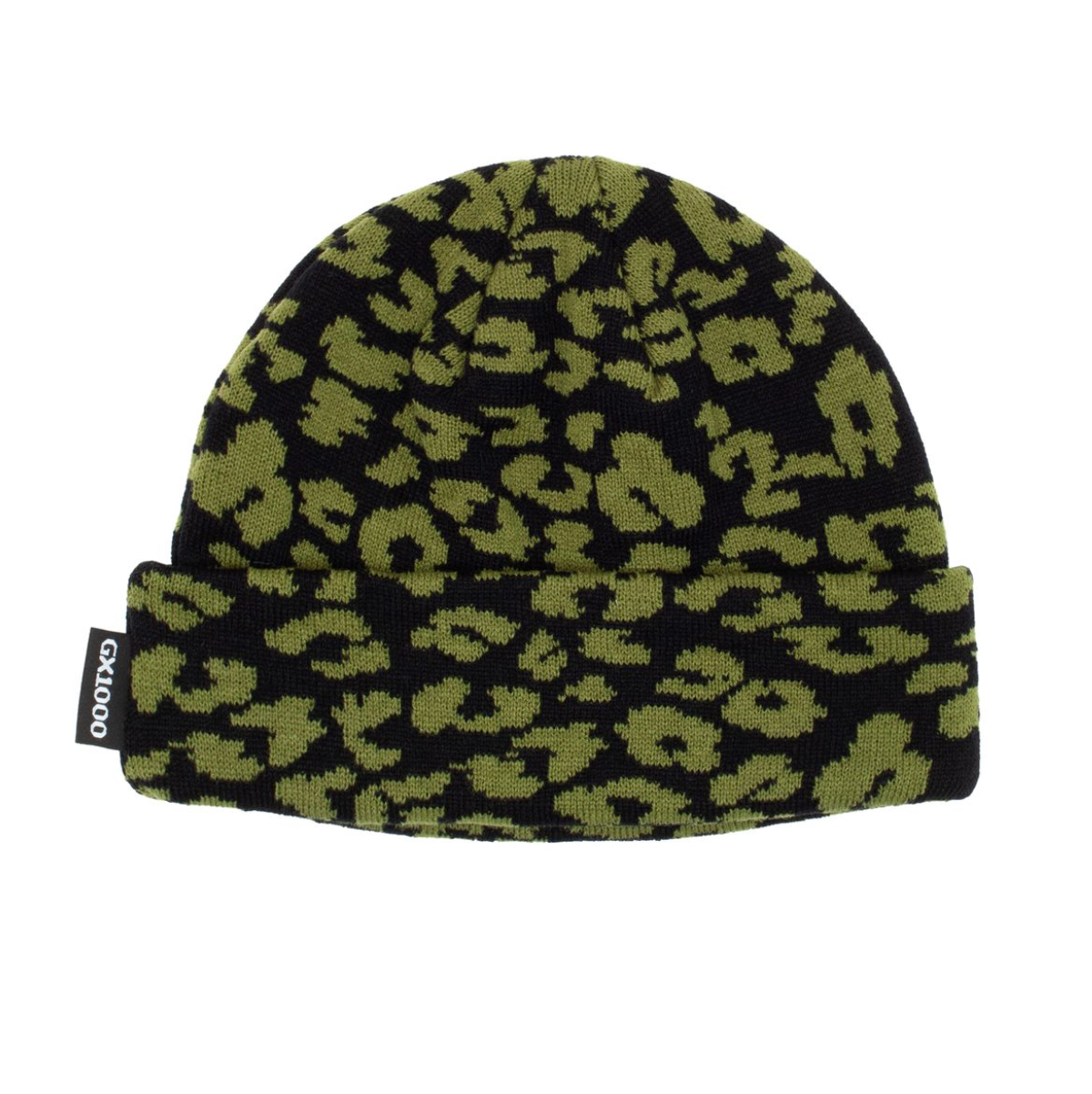 Green leopard print beanie on a white background