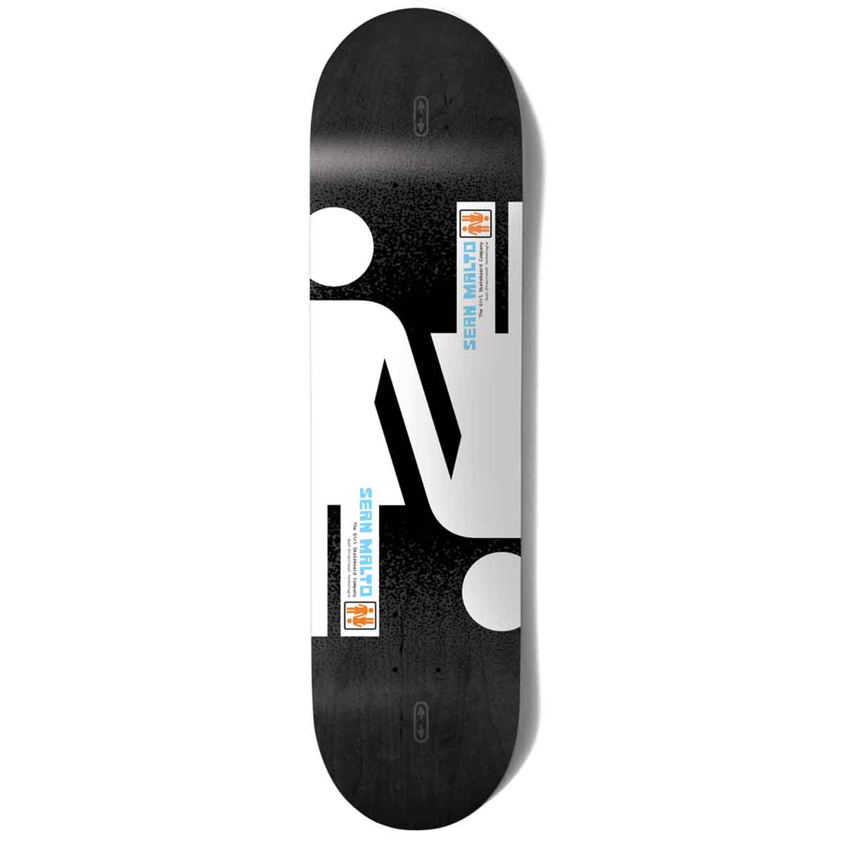 Skateboard deck with a black and white design on a white background