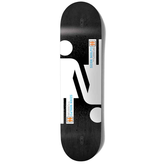 Skateboard deck with a black and white design on a white background