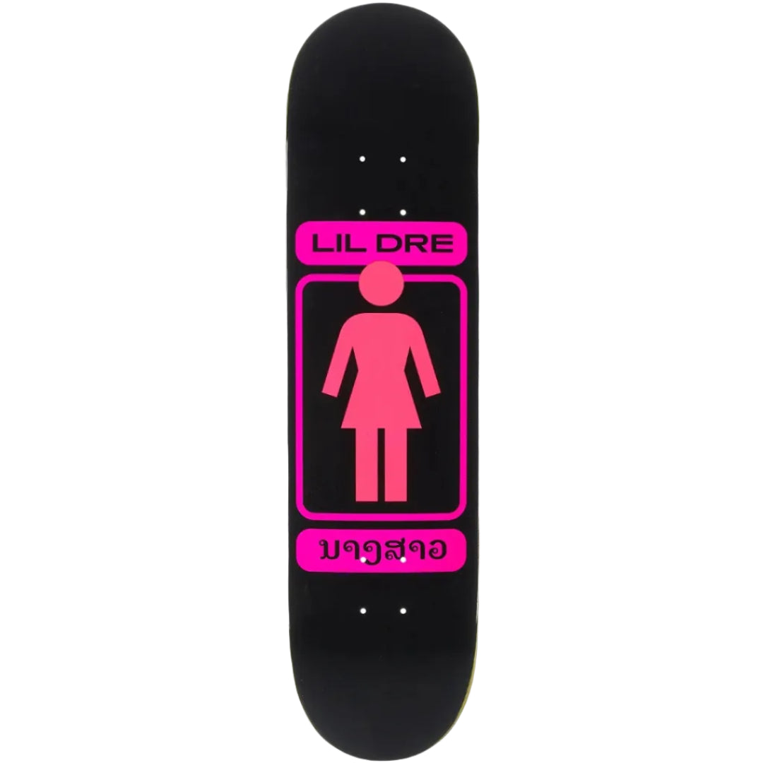A black skateboard deck featuring a bold pink graphic with the text 'LIL DRE' and a pink female silhouette icon, set against a plain white background.