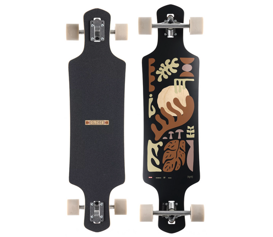 Top and bottom view of longboard, on a white background.